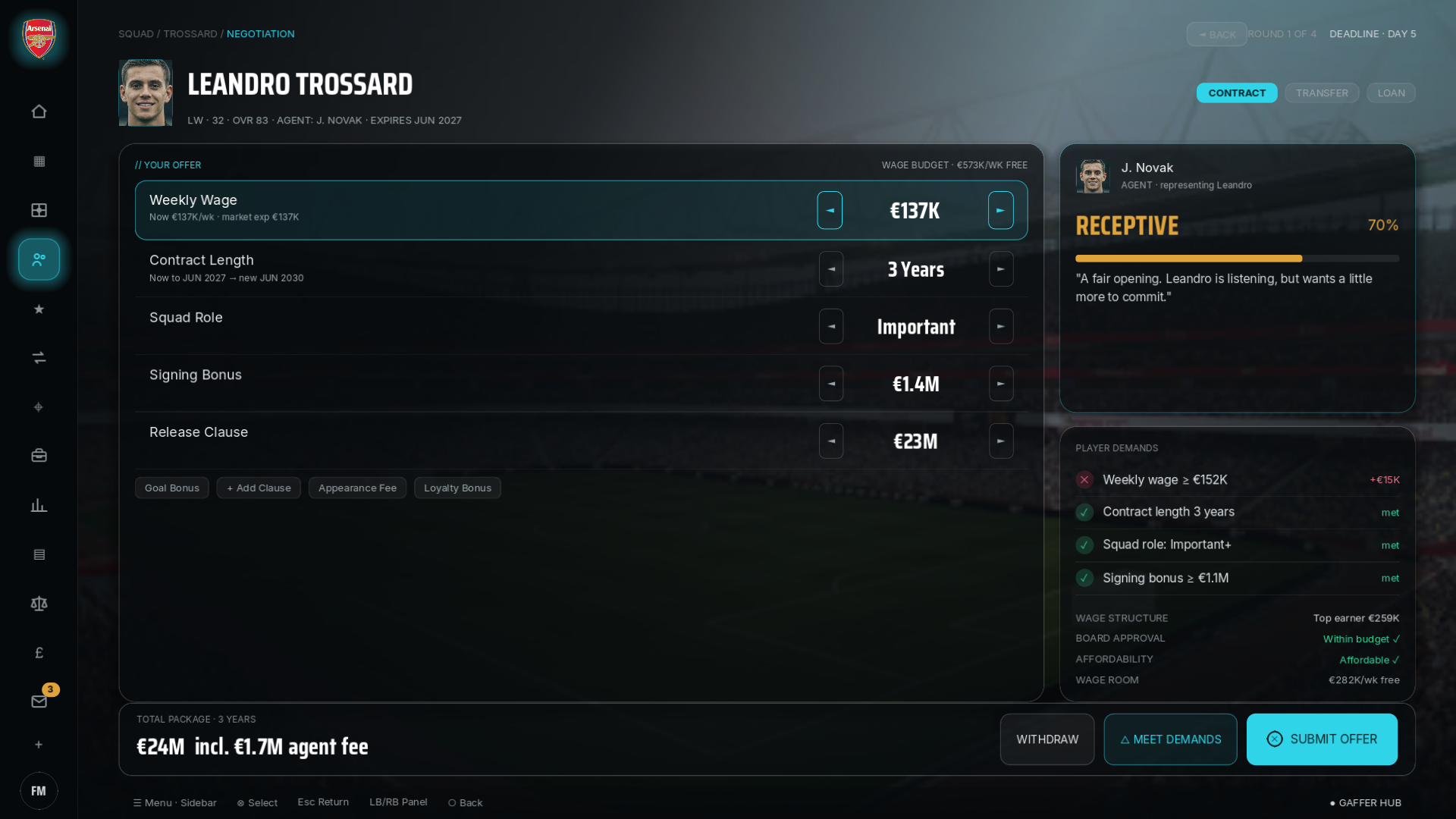 Current Gaffer contract negotiation with an agent response and player demands