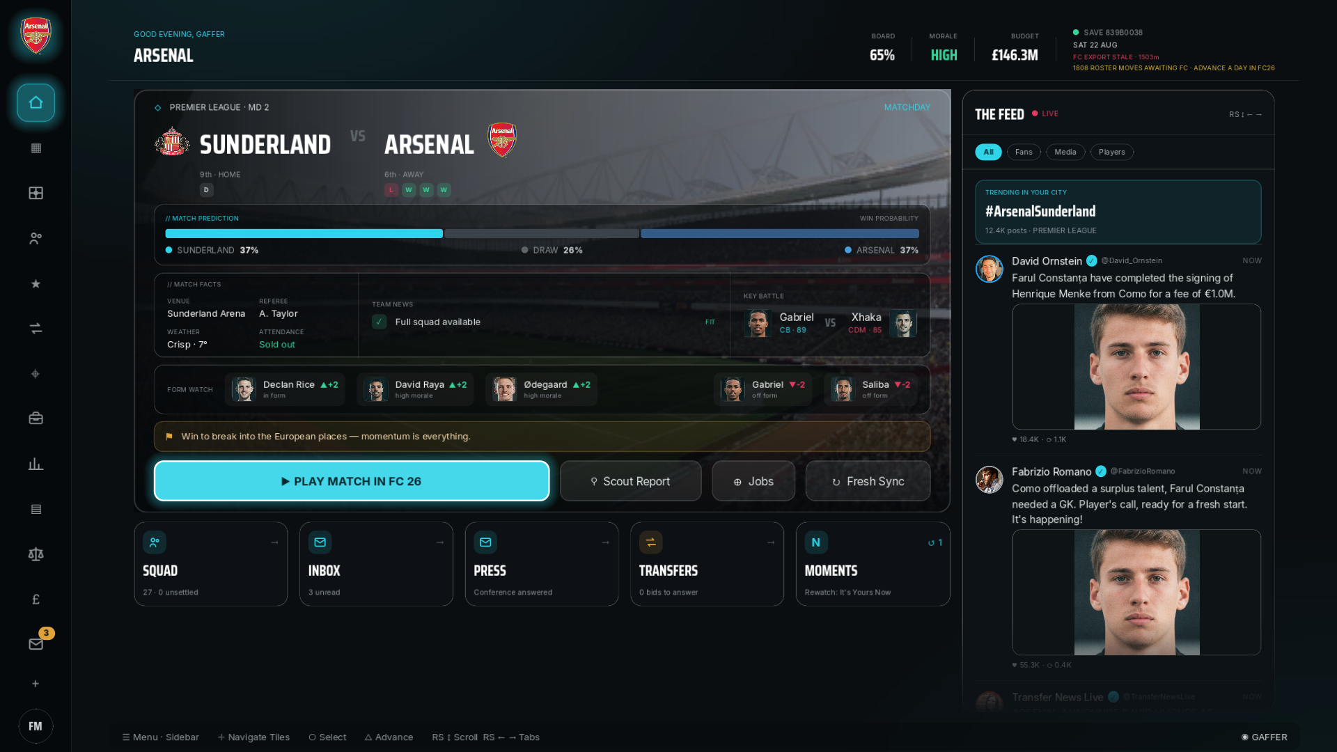 Current Gaffer home screen showing Sunderland against Arsenal, career status and the live feed