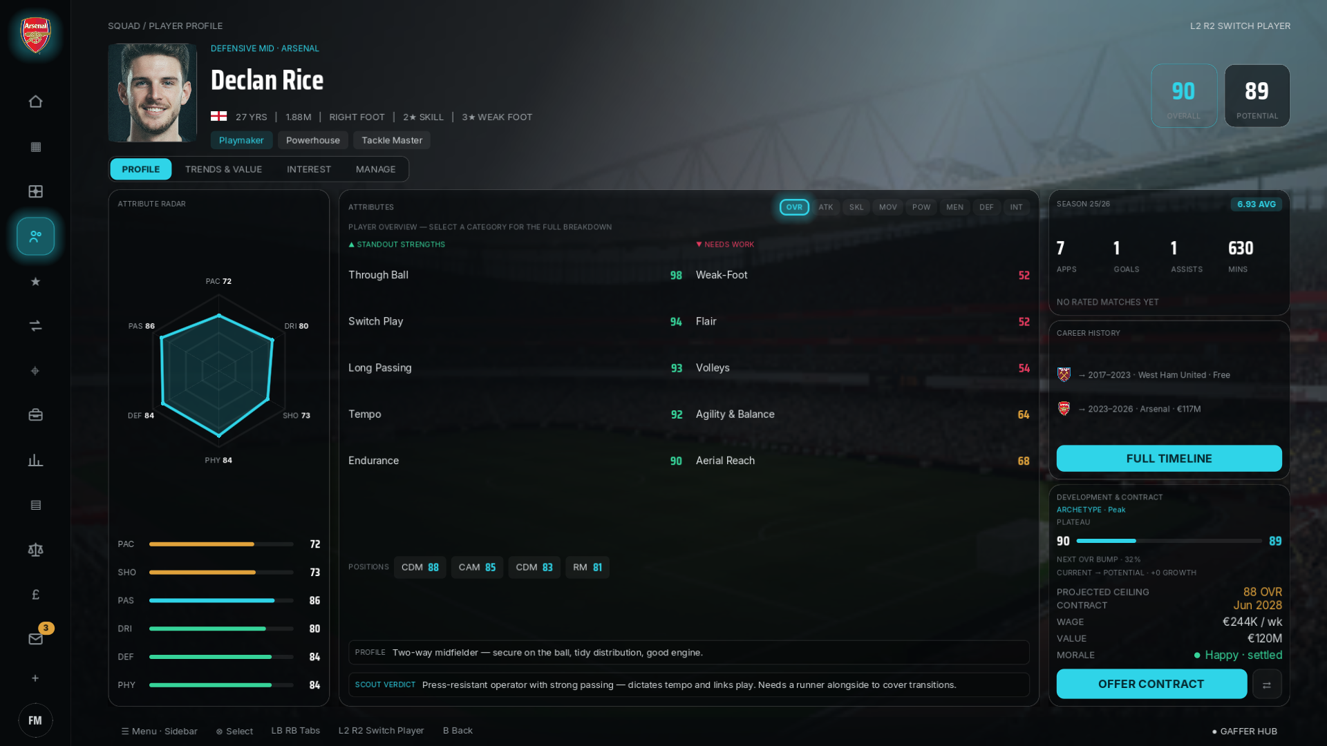 Gaffer player profile screen