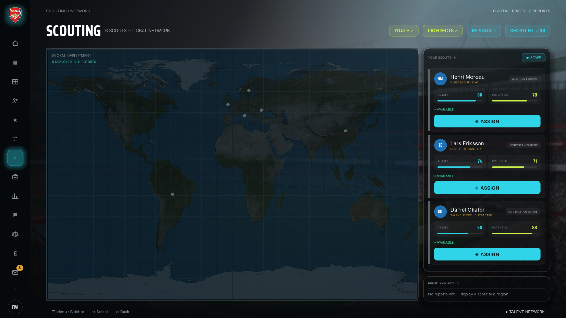 Gaffer global scouting network with regional assignments and scout specialisms